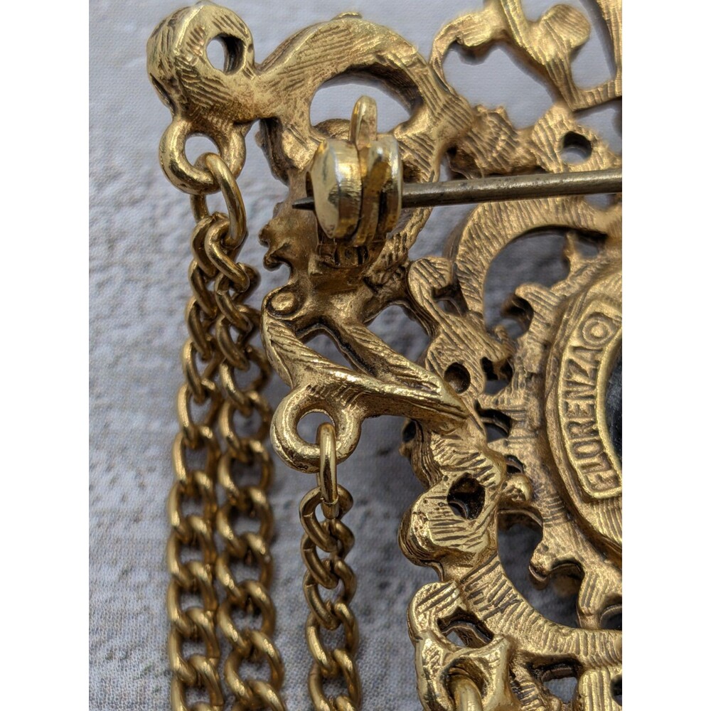 Florenza Brooch Black Cabochon Drape Chain Gold Tone Filigree 2.5in Signed Pin - Picture 15 of 16